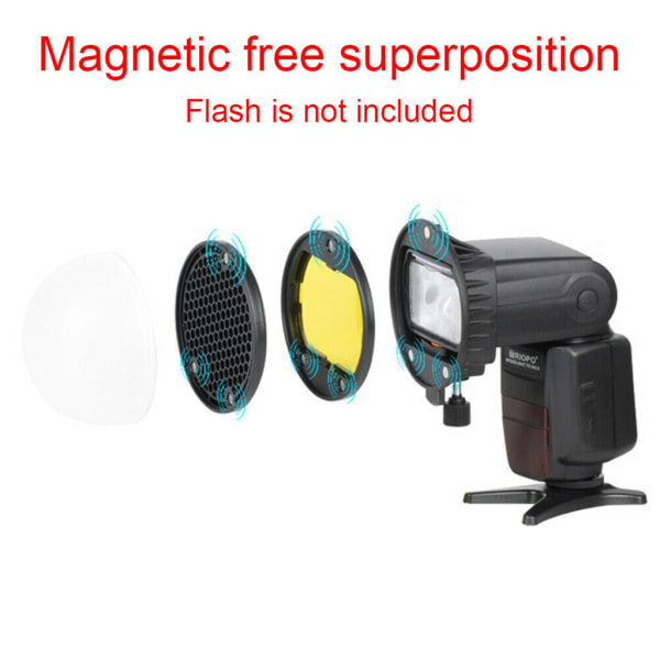 Universal magnetisk monteringsadapter Magnet Speedlight Blixtkontroll Honeycomb Grid Reflector 4 färgfilter Diffusor Ball
