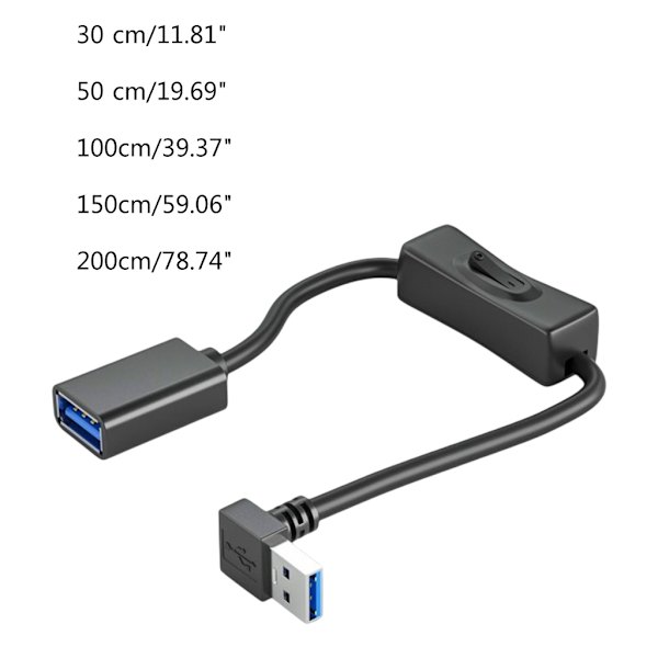 Övre böjd USB3.0-förlängningskabel med omkopplare, USB -hane till hona förlängningskabel Datasynkroniseringslinje för USB fläkt LED-lampa 1m