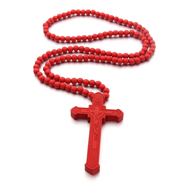 Catholic for Cross Halsband Träpärlor Rosenkrans Religiös Jesus snidade smycken C True color