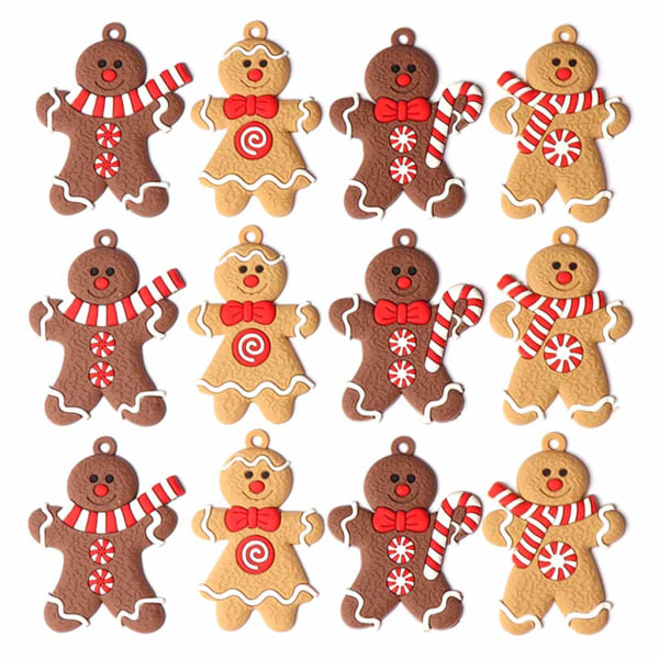 12 st Söta Pepparkaksgubbe Ornament Blandade Lera Figurer Former Pepparkaksgubbe Kaka för Docka Hängande Berlocker Julgran D