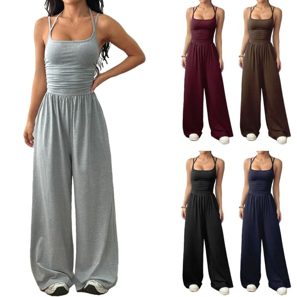Fritidsjumpsuit til kvinder med stropper, bredbenede, baggy bukser, heldragt grey L