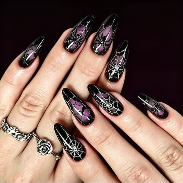Lang Halloween Press On Manicure Sort Lilla Feststil Sæt