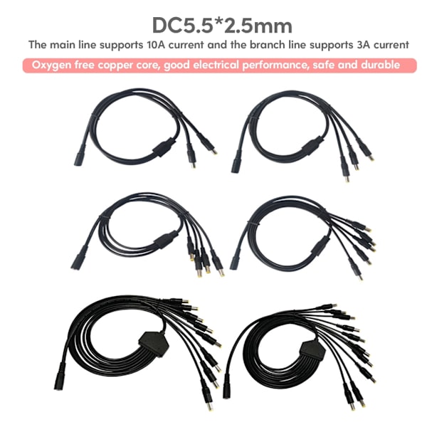 Power Splitter-kabel 1 hona till 2/3/4/5/8/10 hane DC5,5 mm x 2,1 mm splitterförlängningskabel för CCTV-säkerhetskamera One for four