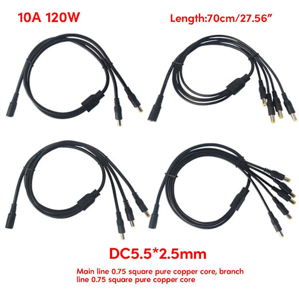 Power Splitter-kabel 1 hona till 2/3/4/5/8/10 hane DC5,5 mm x 2,1 mm splitterförlängningskabel för CCTV-säkerhetskamera One for eight