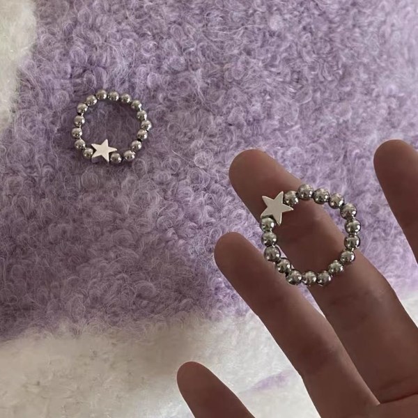 Silverfärgad pärlringar Metallstjärna Hjärta Rund Elastisk Ring För Kvinnor Enkel Justerbar Finger Smycken Elastisk Rep Ring