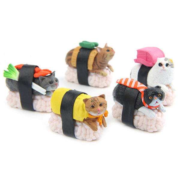 5 st tecknad miniatyr Kawaii Sushi för kattfigur Mini för docka Fairy Garden