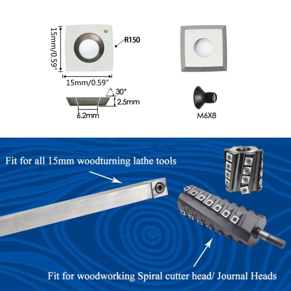 15 mm fyrkantig hårdmetallskärare, utbyte av blad för träbearbetningsspiralformade hyvelhuvuden och träsvarvverktyg