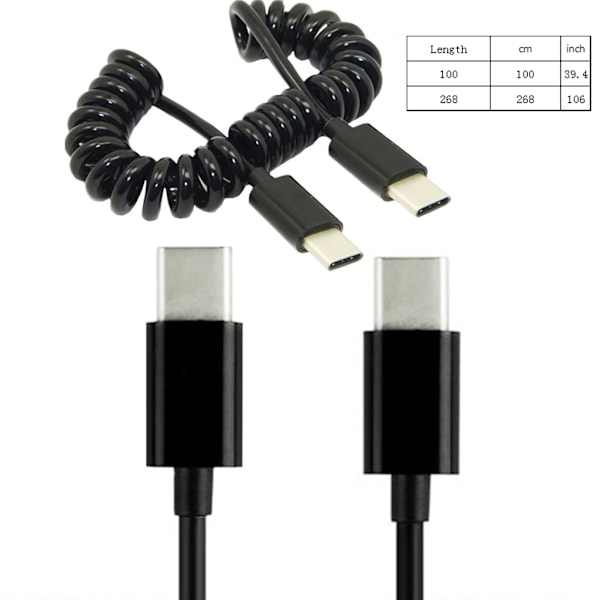 Upprullad USB C till USB C-kabel, fjäder typ C hane till typ C hane laddningssladd för snabb dataöverföring och power 2.68m