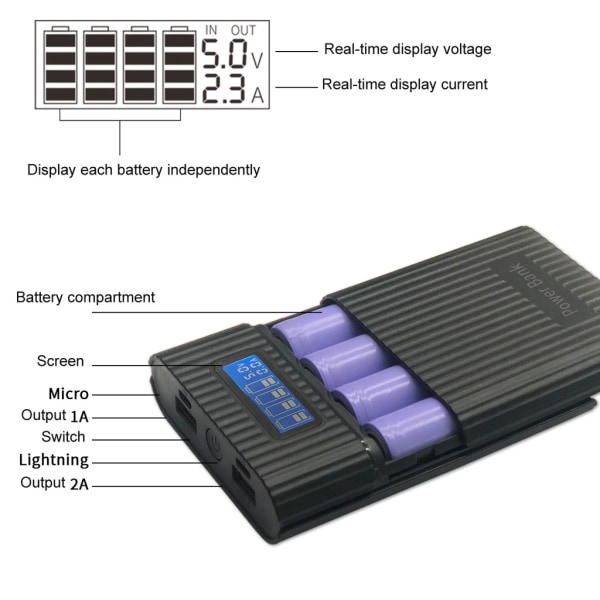 DIY Power Bank Box 4x 18650 Batteri LCD Display Laddare för telefon Display Skärm LED Ficklampa Används på resor