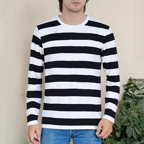 Stribet langærmet T-shirt med rund hals til mænd, basic afslappet top White 2XL