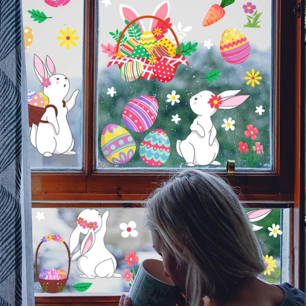 Påskdekorationer Fönster klamrar sig fast Cartoon Bunny Eggs Väggdekor Glasdekaler