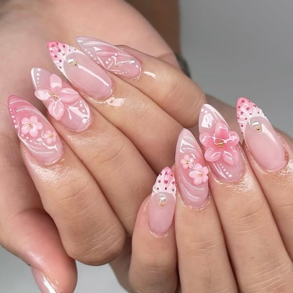 1 sæt lyserød gradient 3D sommerfugl blomsterdesign kunstig negl let at påføre