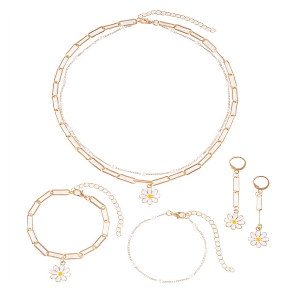 Daisy Sunflower Halsband Armband Örhänge Set Sunflower Boho Long Drop Handgjorda hängsmycke Halsband Choker för kvinnor Tjej White