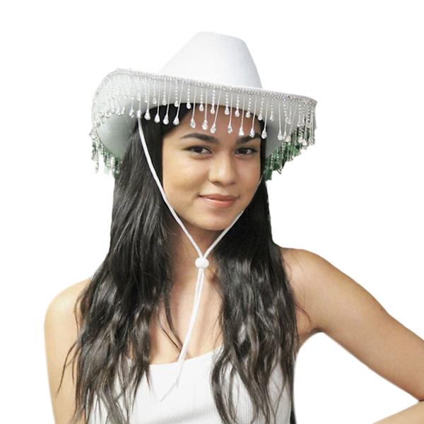Alsidig cowboyhat med rhinstenskvast, justerbar snøre og bred skygge til strandfest og teselskab