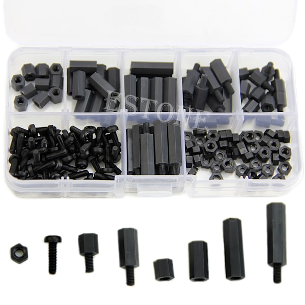 160 stk. M3 Nylon Sort M-F Hex Afstandsstykker Skrue Møtrik Sortimentssæt Stand off Sæt