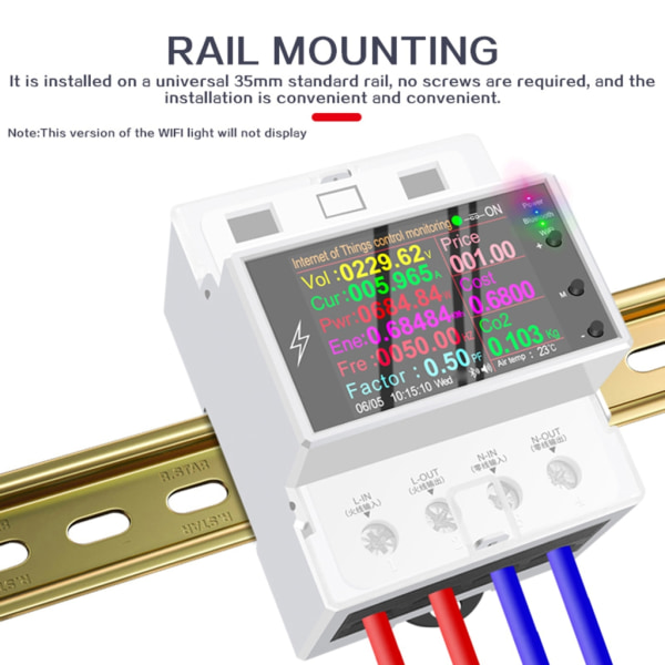 El Power Spänning Ström Monitor WiFi APP-Control Rail Montering Elanvändningsmonitor Fungerar med Tuya-Alexa