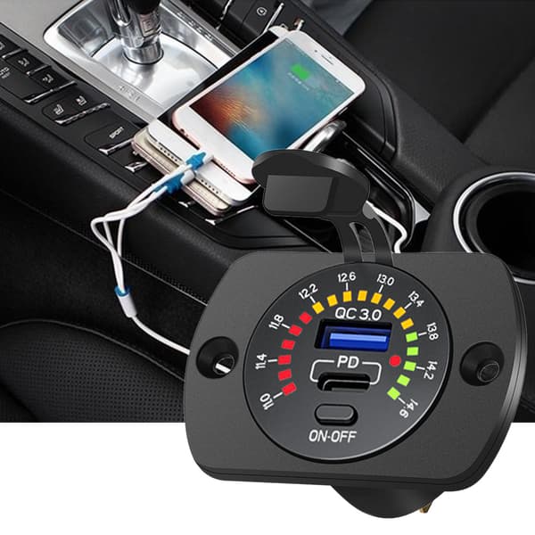 Dobbelt USB Quick Charge Vandtæt Bilopladerstik m/ Farverig Voltmeter