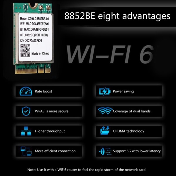 Wifi 6 Realtek RTL8852BE nätverkskort 1800Mbps BT 5.0 Dual Band trådlös Wi-Fi-adapter 802.11ac/ax 2,4G/5Ghz MU-MIMO