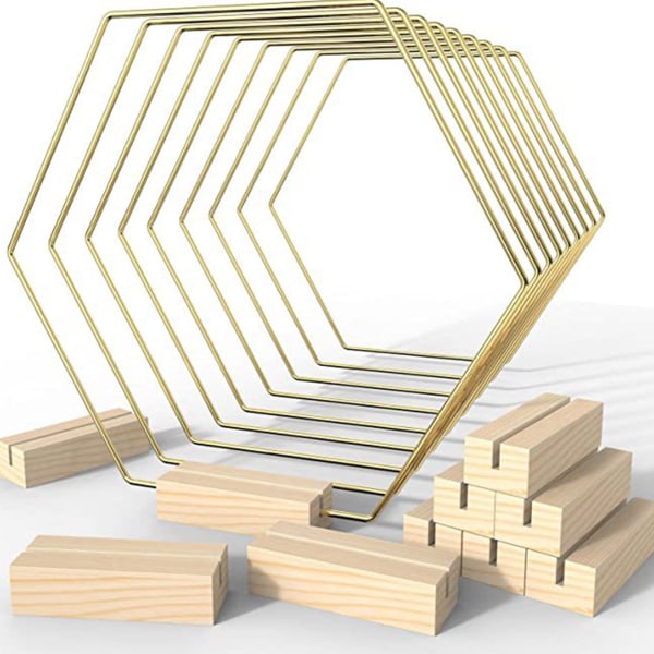 10 st metall blombåge centerpiece hexagon krans ring med trä bas Placera korthållare för DIY bröllop bordsdekoration