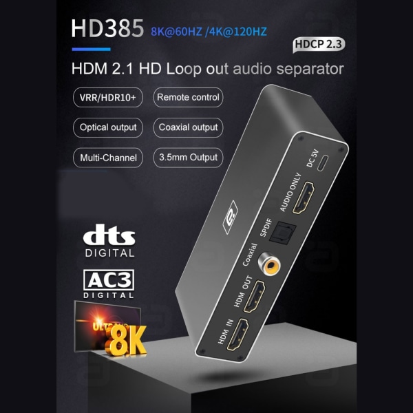 Audio Extractor för 8K60Hz HDMI-kompatibel 2.1 Splitter Adapter 8K60Hz 4K120hz Stöd för optisk/koaxial/3,5 ut DTSHD EU