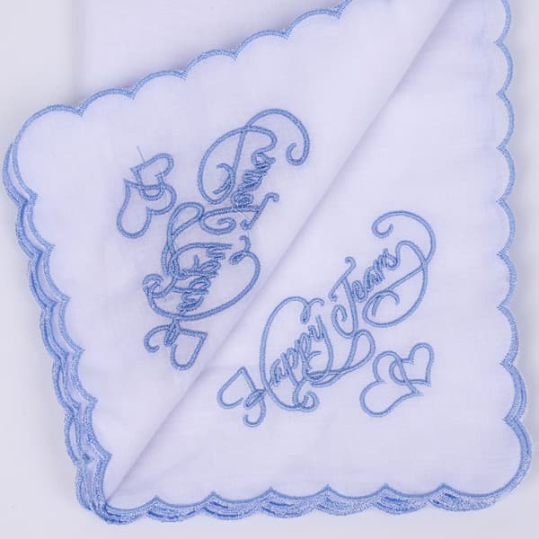 Elegant bomulls näsduk med broderi av glädjetårar, bröllopsminne