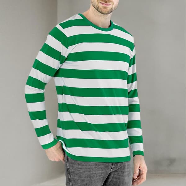 Stribet langærmet T-shirt med rund hals til mænd, basic afslappet top Green 2XL