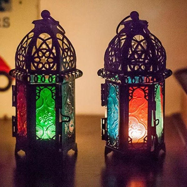 Marockansk stil metall ljushållare glas vindlykta hängande lyktor Black - Color glass