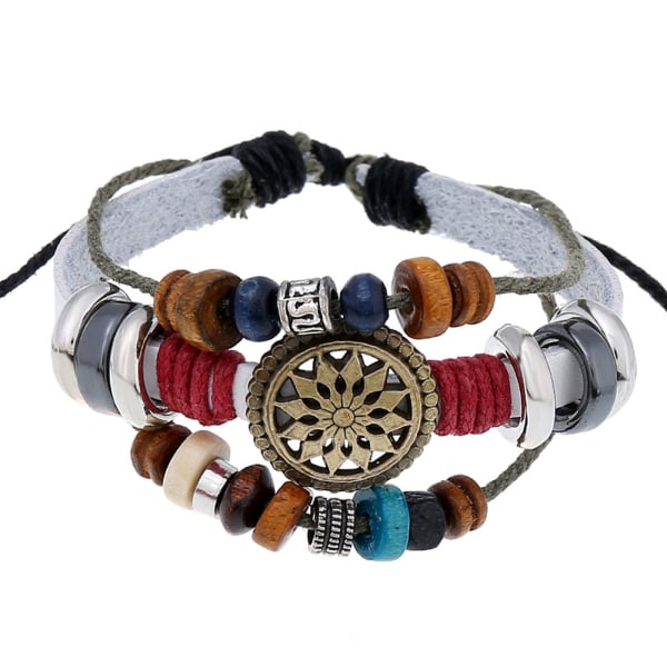 Håndlavet Boho Armbånd Gypsy Hippie Design Brun Læder med Sol Metal Charms Perler Wrap Unisex Justerbart Armbånd til