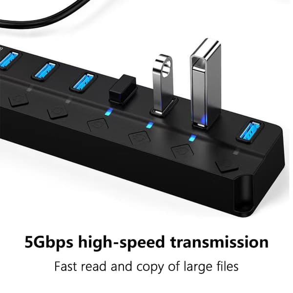 Rask USB 3.0 Adapter Splitter med 7 porter, separate strømkontroller