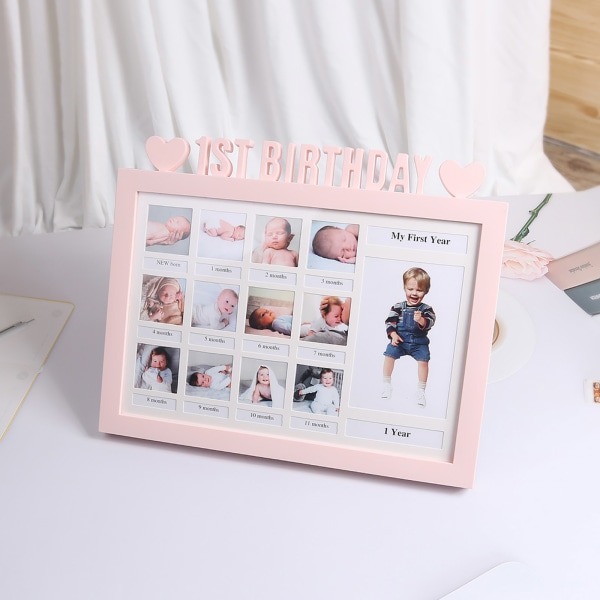 Första året Foto ögonblick Baby Minnesak Ram DIY 0-12 månader Bild Display Present Light Pink