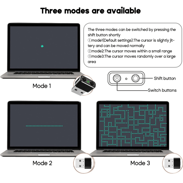 Effektiv USB Mouse Jiggler Mover Tiny oupptäckbar Mouse Movers Shakers med separata lägen och PÅ/AV-knappar