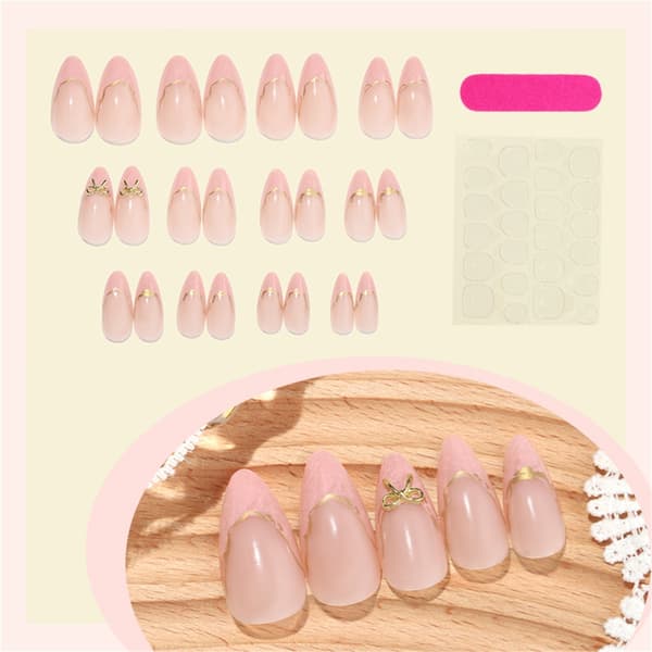 Press On Negle Fransk Manicure Design Metalliske Guldlinjer Sløjfer Pynt