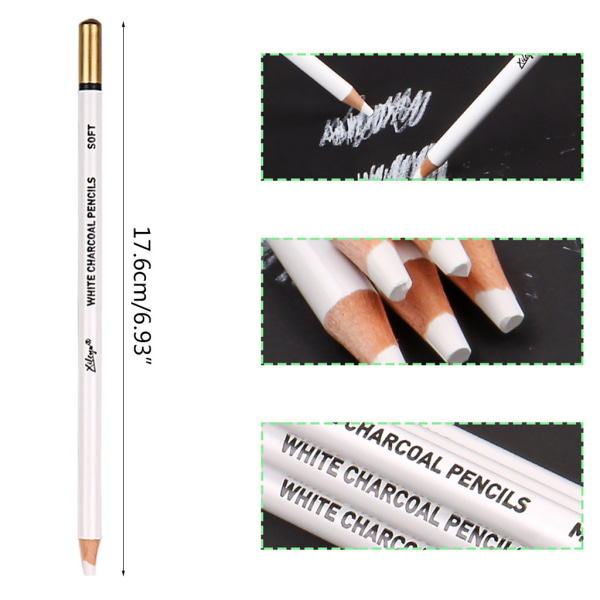 Set med 6 Prmeium vita kolpennor Set 3 st Mjuk 3 st Medium Skiss Highlight White Pencils för idealisk för ritning