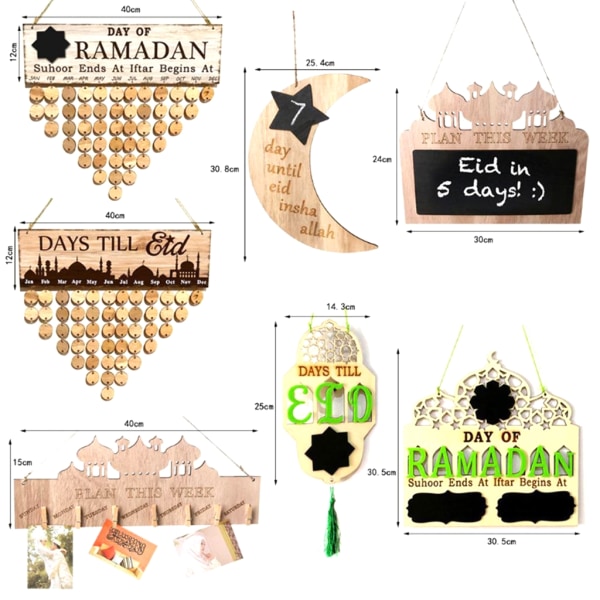 Trä Ramadan Countdown Kalender Svarta tavlor Ornament hänge för Ramadan Eid Mubarak festdekorationer B