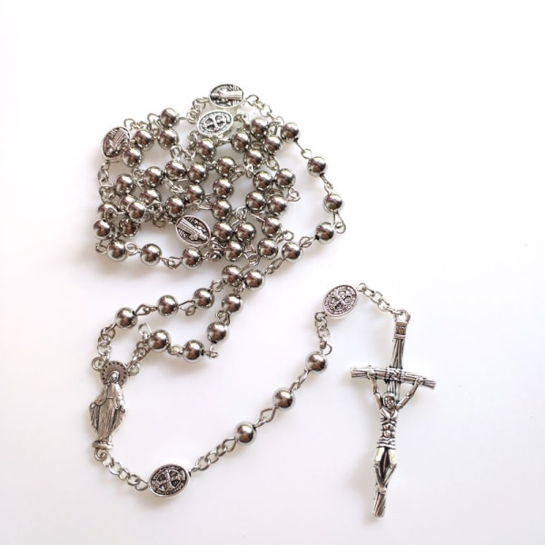 Rostfritt stål rosenkranshalsband 6 mm pärlor Silverfärgad kedja halsband med Jesus Kristus krucifix för korshänge juvel