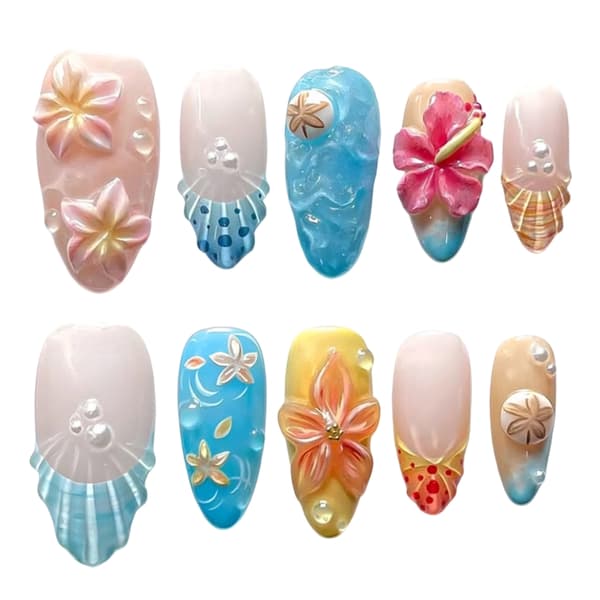 Forudformet Manicuresæt med 3D-blomster, fransk havstil Press On-stykker
