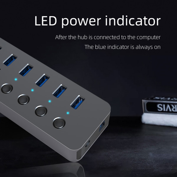 Blueendless USB3.0 HUB Multi USB Splitter 7/10 Port Expander 12V Power Multipel USB3.0 Hub med Switch LED-ljus 10 ports