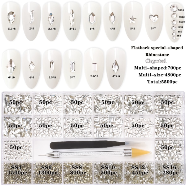 21 stilar av 5500 vita kristaller Diamant 700 runda platta strass +4800 multi-form för strassmix 3D platt baksida