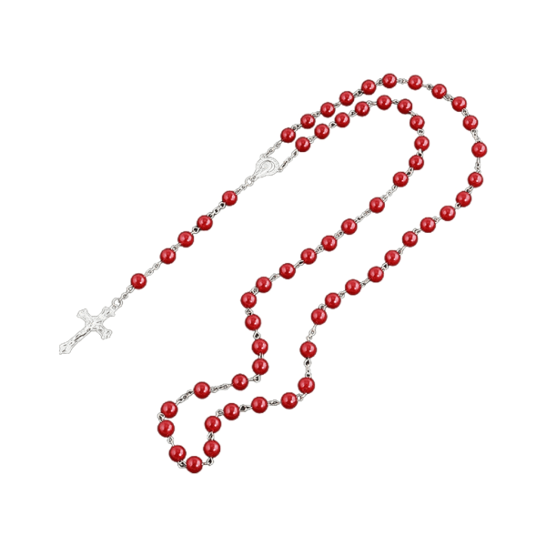 Imitation Pearl Rose Flower Rosenkranshalsband med Jesus Kristus krucifix korshänge långa katolska religiösa smycken Red