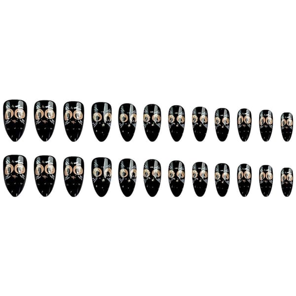 24 stk. mellemstore press-on negle med sorte katte-design, kunstige negle-manicure til kvinder