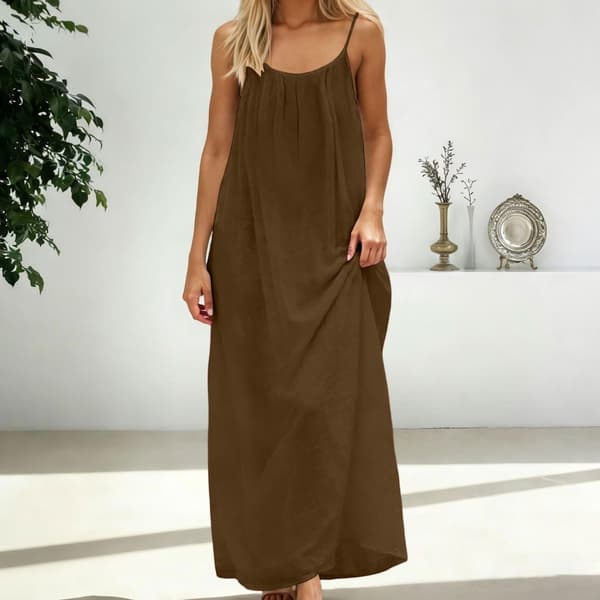 Dame Spaghetti Strop Rygløs Løstsiddende Resort Stil Lang Kjole brown S