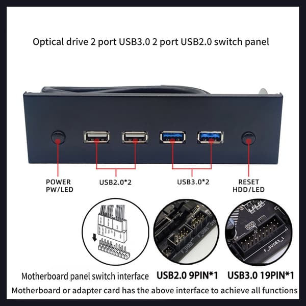 Bærbar 19 Pin / 9 Pin til USB 3.0 USB 2.0 Hub Frontplade 4 Port CD-ROM Rack