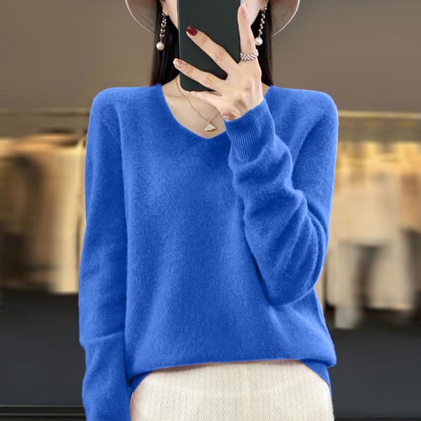 Dam V-ringad stickad tröja Casual lös långärmad pullover Jumper Toppar Blue M