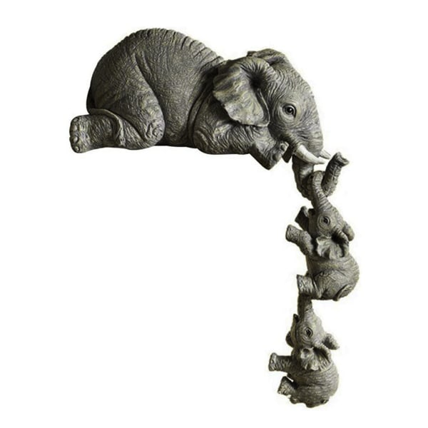 Elephant Sitter Handmålade Resin Figurines Mor och Två Bebisar Hängbord