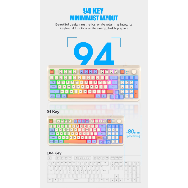 K820 94Keys Gaming Tangentbord Mus Kit RGB Bakgrundsbelyst 3 Färgmatchande USB -tangentbord 19-tangenter Punchless med ratt för att justera volym B