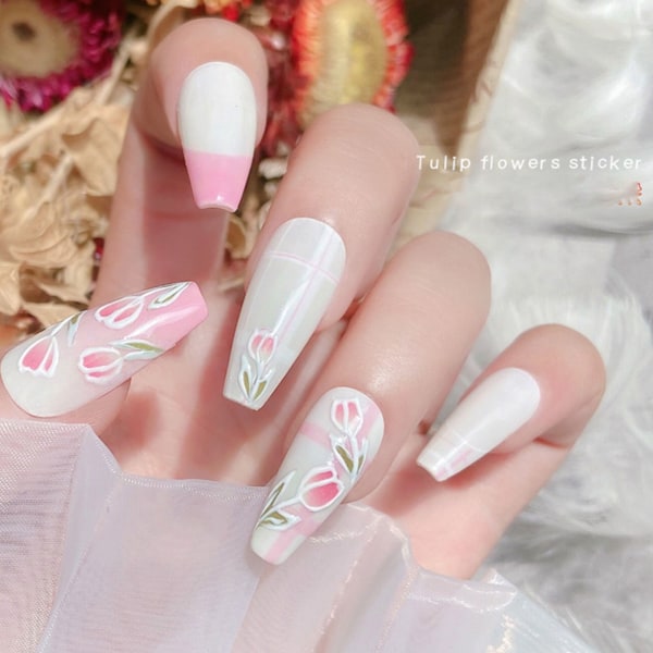 Blommor Nail Art Stickers Dekaler, 3D självhäftande färgglada vårblommor Tulpaner Nageldesign för DIY Nail Art Dekor