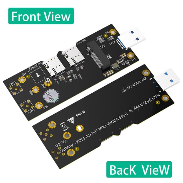 M.2 B -avain USB 3.0 -sovitin, jossa on 2 korttipaikkaa 3G/4G/5G-moduulille
