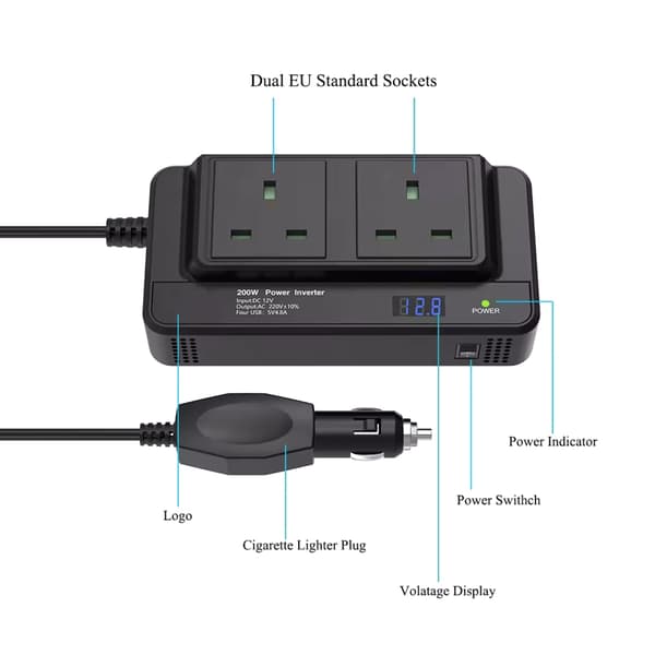 200W Bil Strømomformer 12V til 220V Uttak 4 USB-porter Sikkerhetsbeskyttelse
