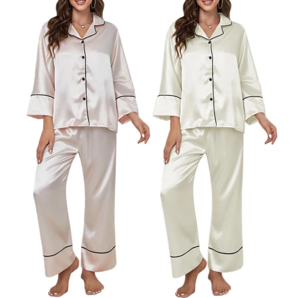 Pyjamas i silkesatin för kvinnor, långärmad, knäppt sovplagg, myskläder Black S