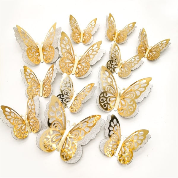 12 st/lot 3D ihåliga fjärilsväggdekaler Hemdekorationer Väggdekor Kylsklistermärken för festbröllopsvisning B